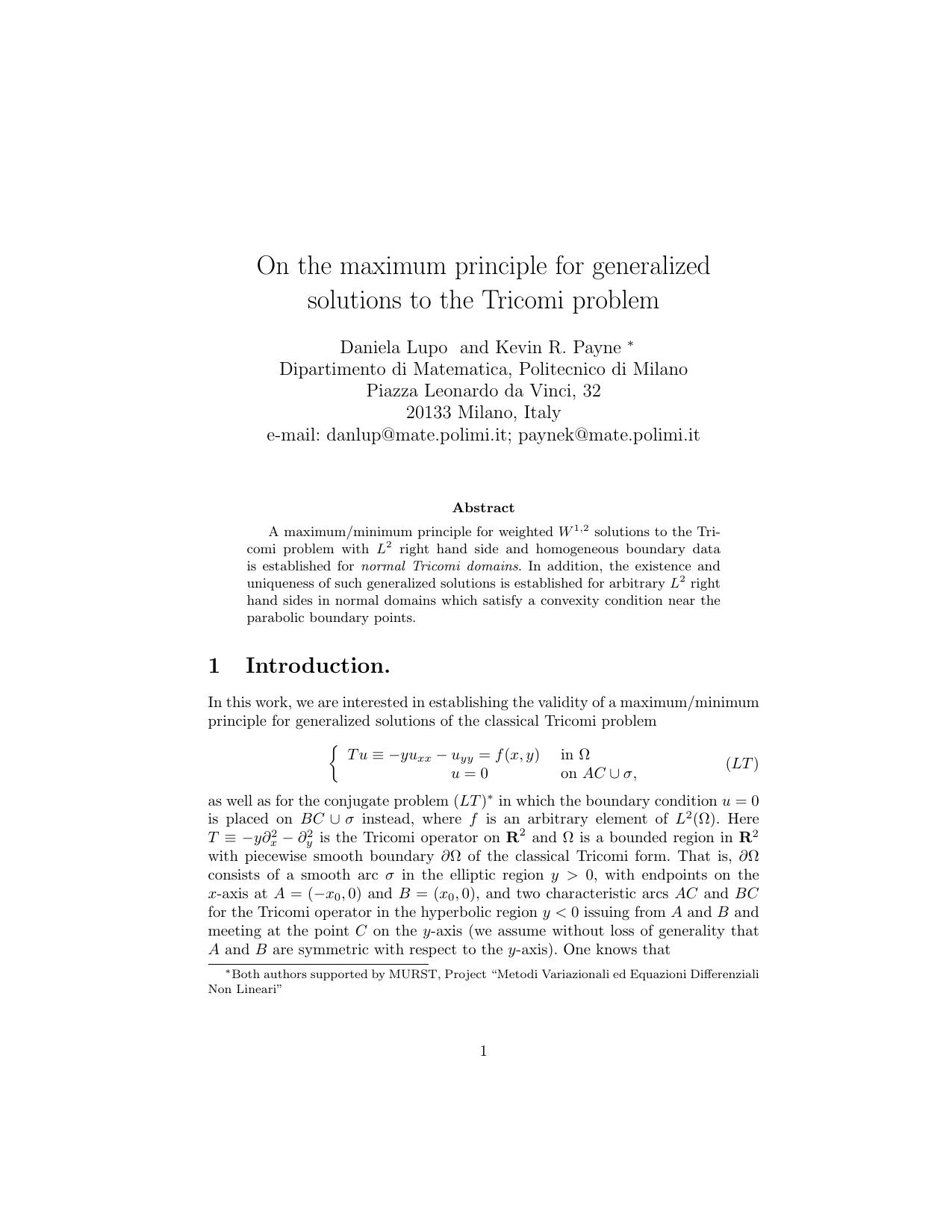 On the maximum principle for generalized solutions to the Tricomi problem by Lupo D. Payne K.R