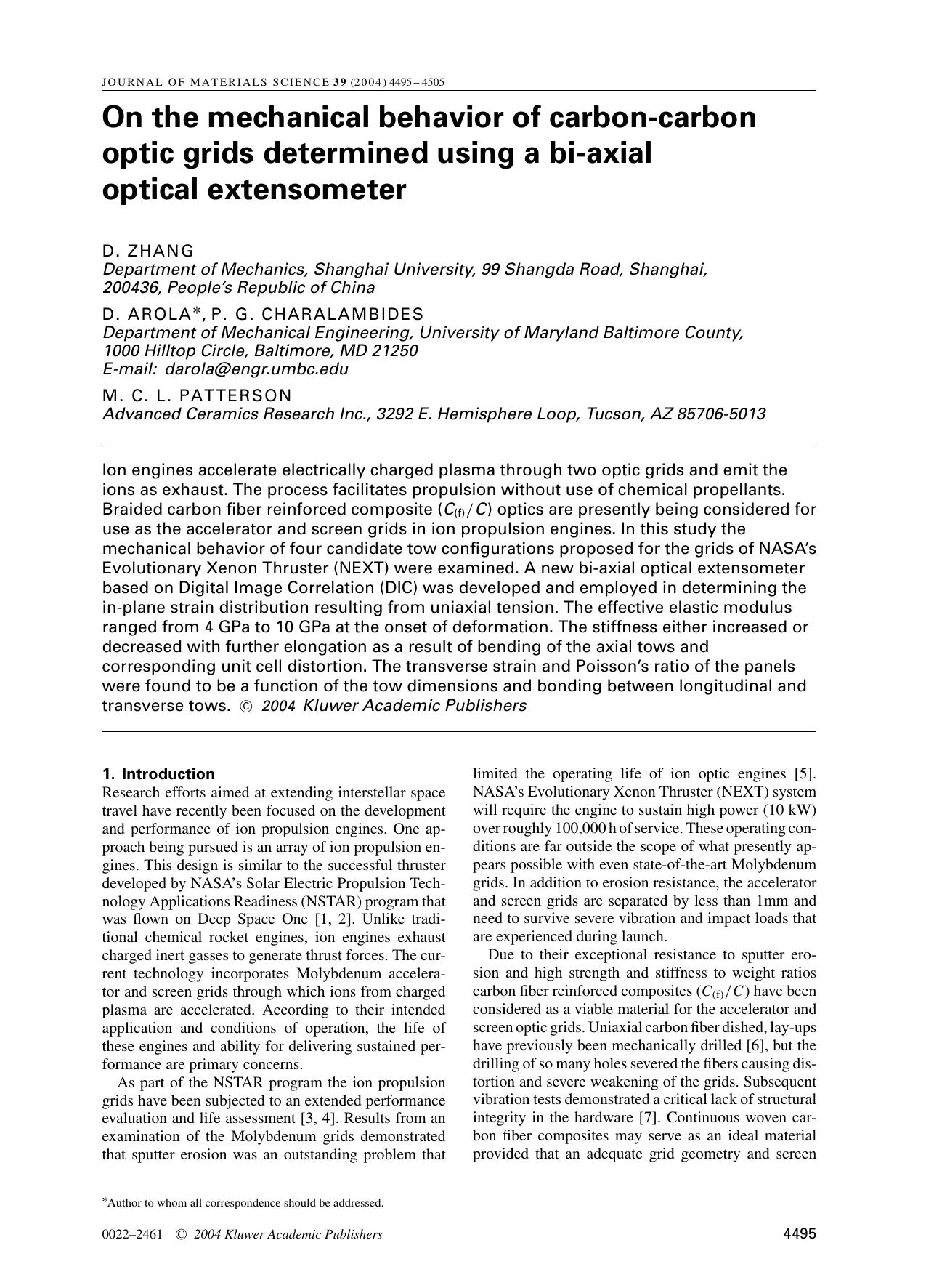 On the mechanical behavior of carbon-carbon optic grids determined using a bi-axial optical extensometer by Unknown