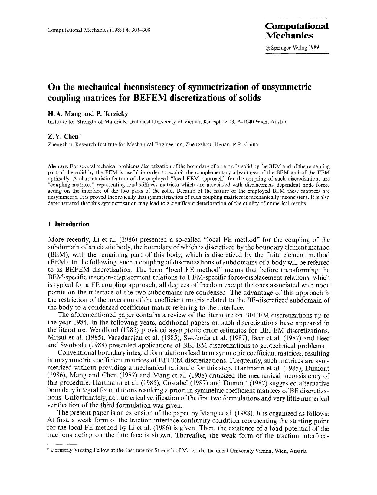 On the mechanical inconsistency of symmetrization of unsymmetric coupling matrices for BEFEM discretizations of solids by Unknown
