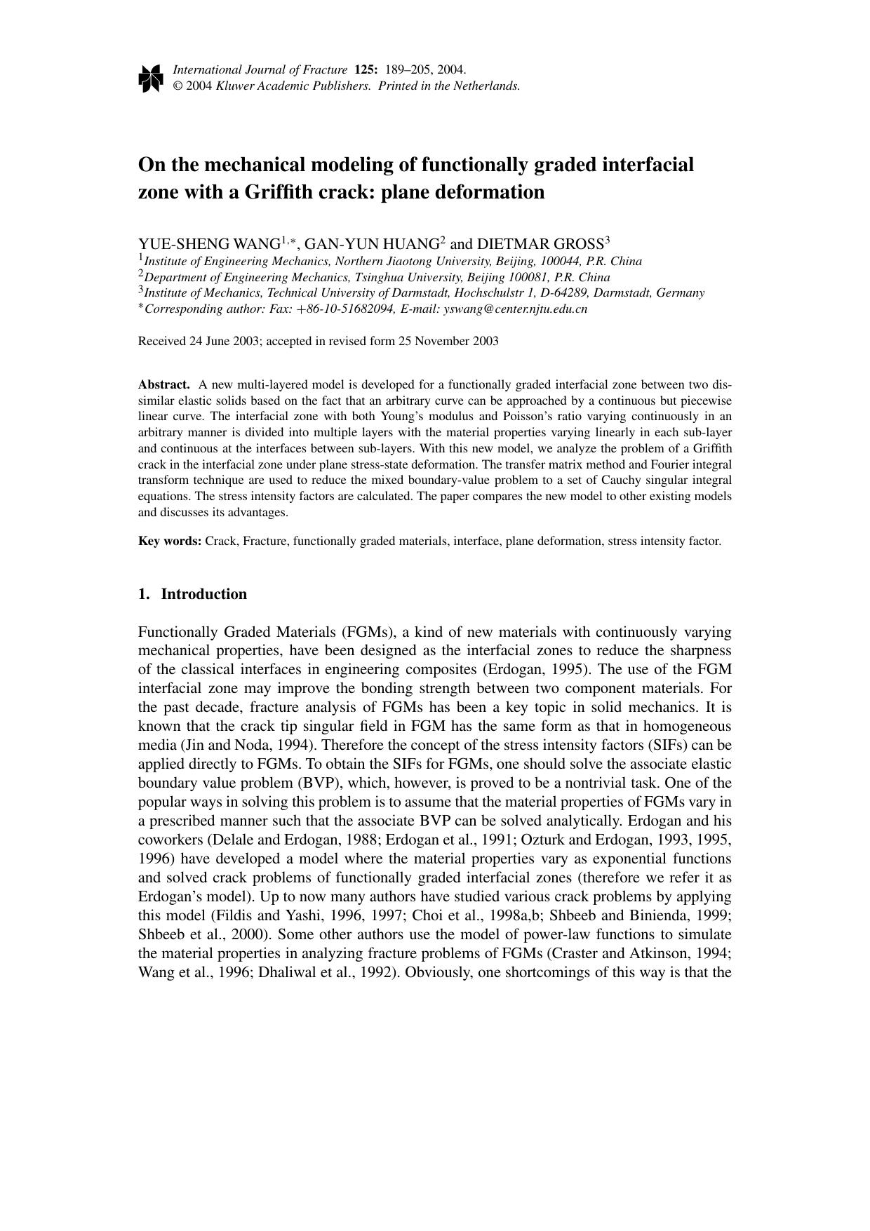 On the mechanical modeling of functionally graded interfacial zone with a Griffith crack: plane deformation by Unknown