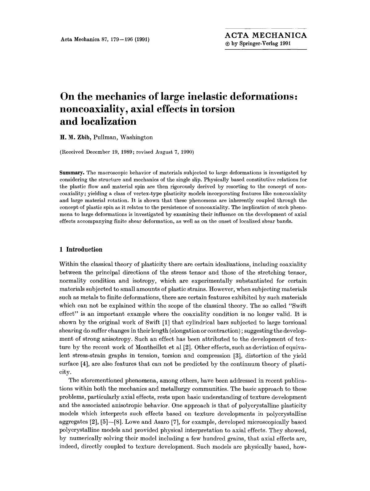 On the mechanics of large inelastic deformations: noncoaxiality, axial effects in torsion and localization by Unknown