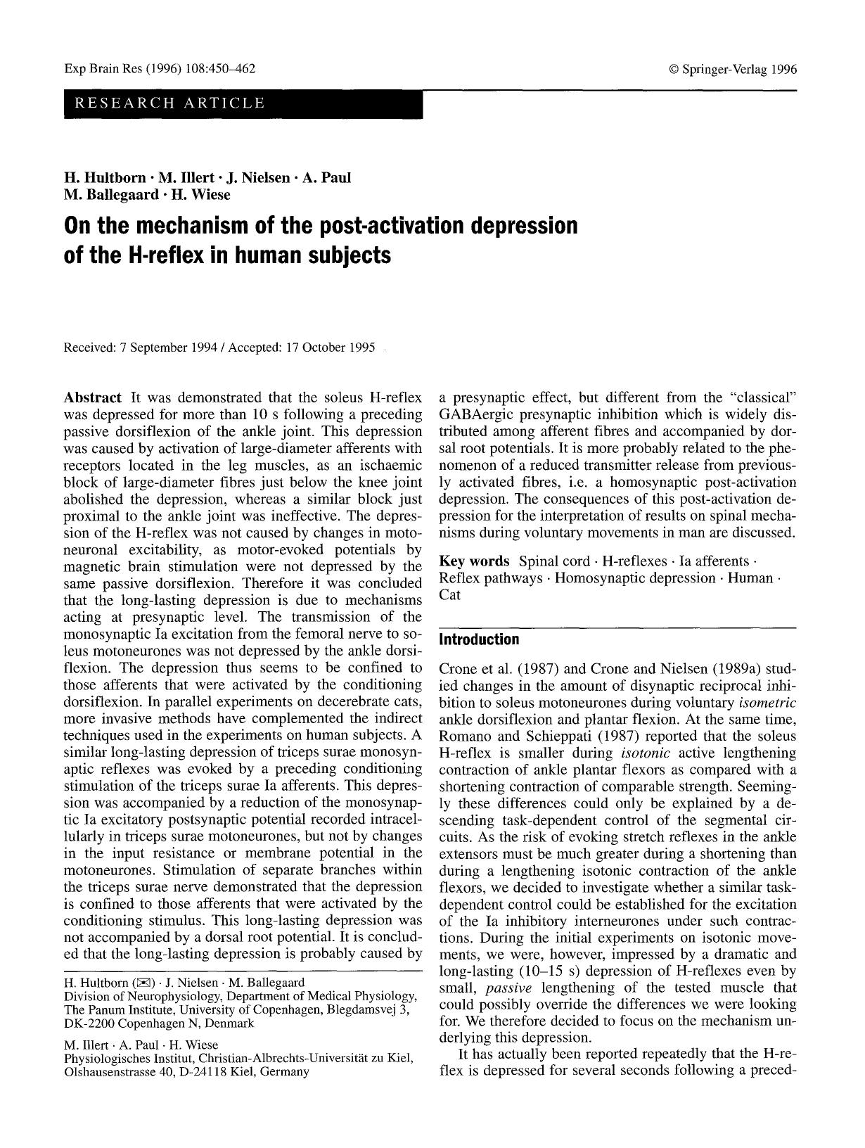 On the mechanism of the post-activation depression of the H-reflex in human subjects by Unknown