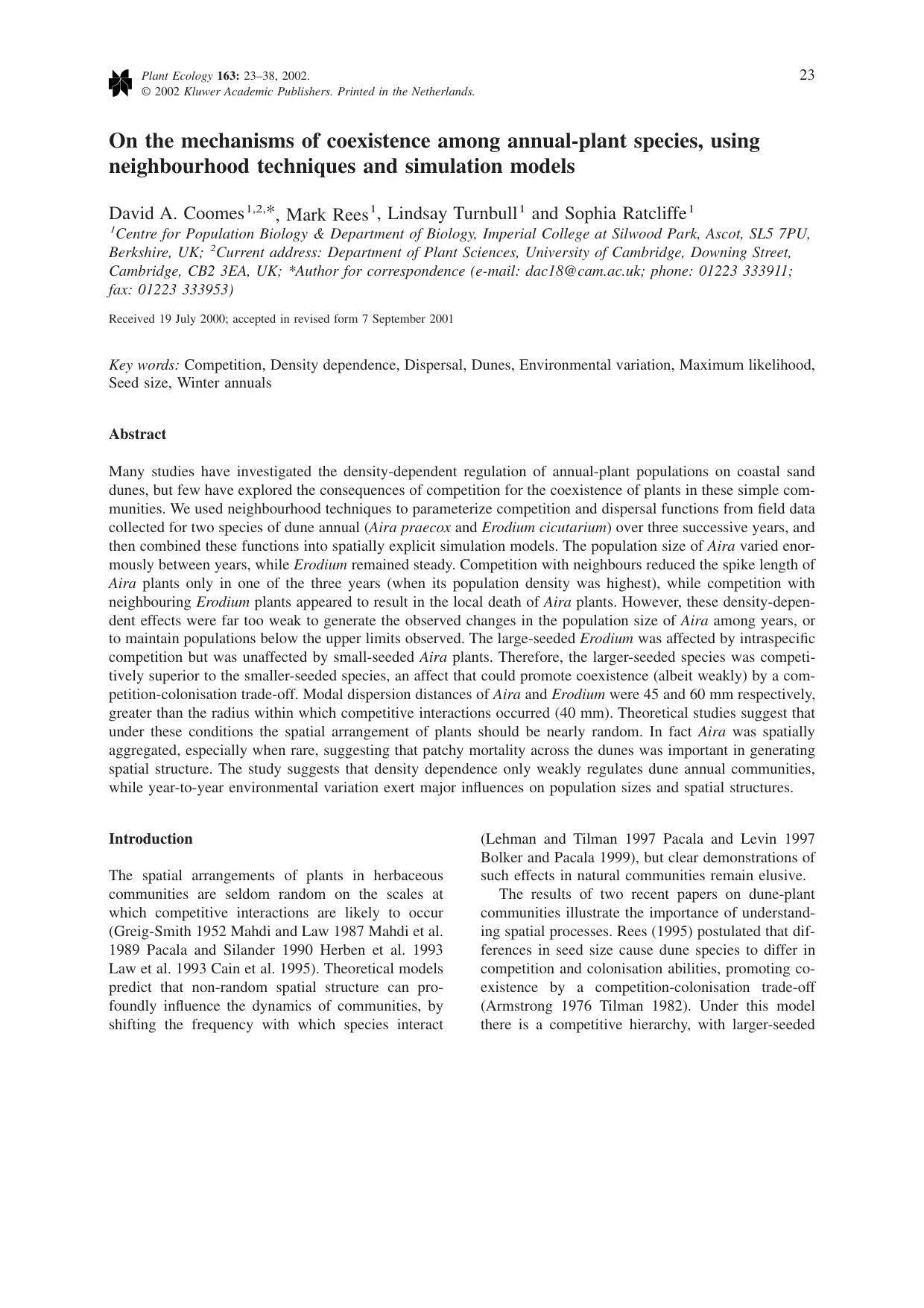 On the mechanisms of coexistence among annual-plant species, using neighbourhood techniques and simulation models by Unknown