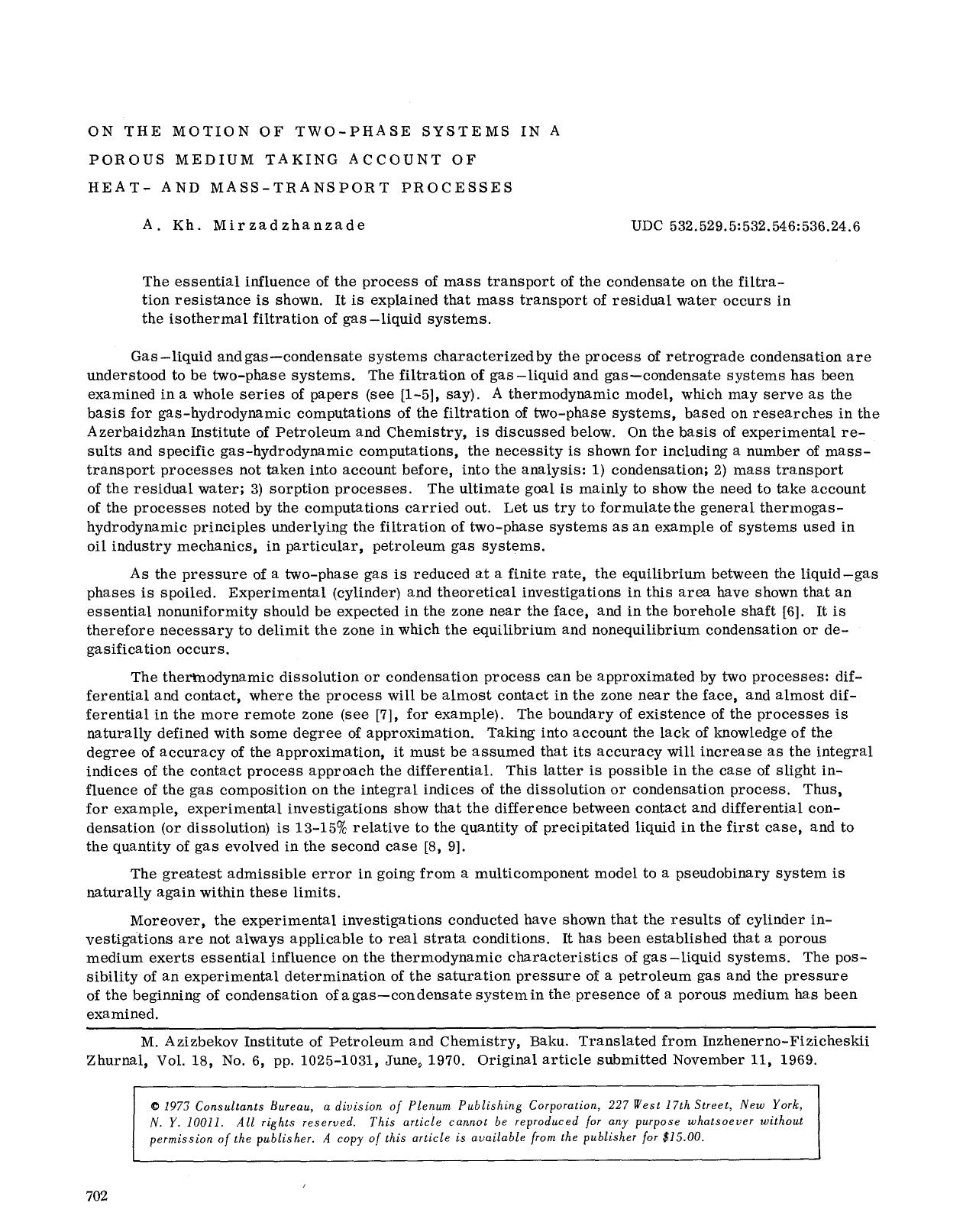 On the motion of two-phase systems in a porous medium taking account of heat- and mass-transport processes by Unknown