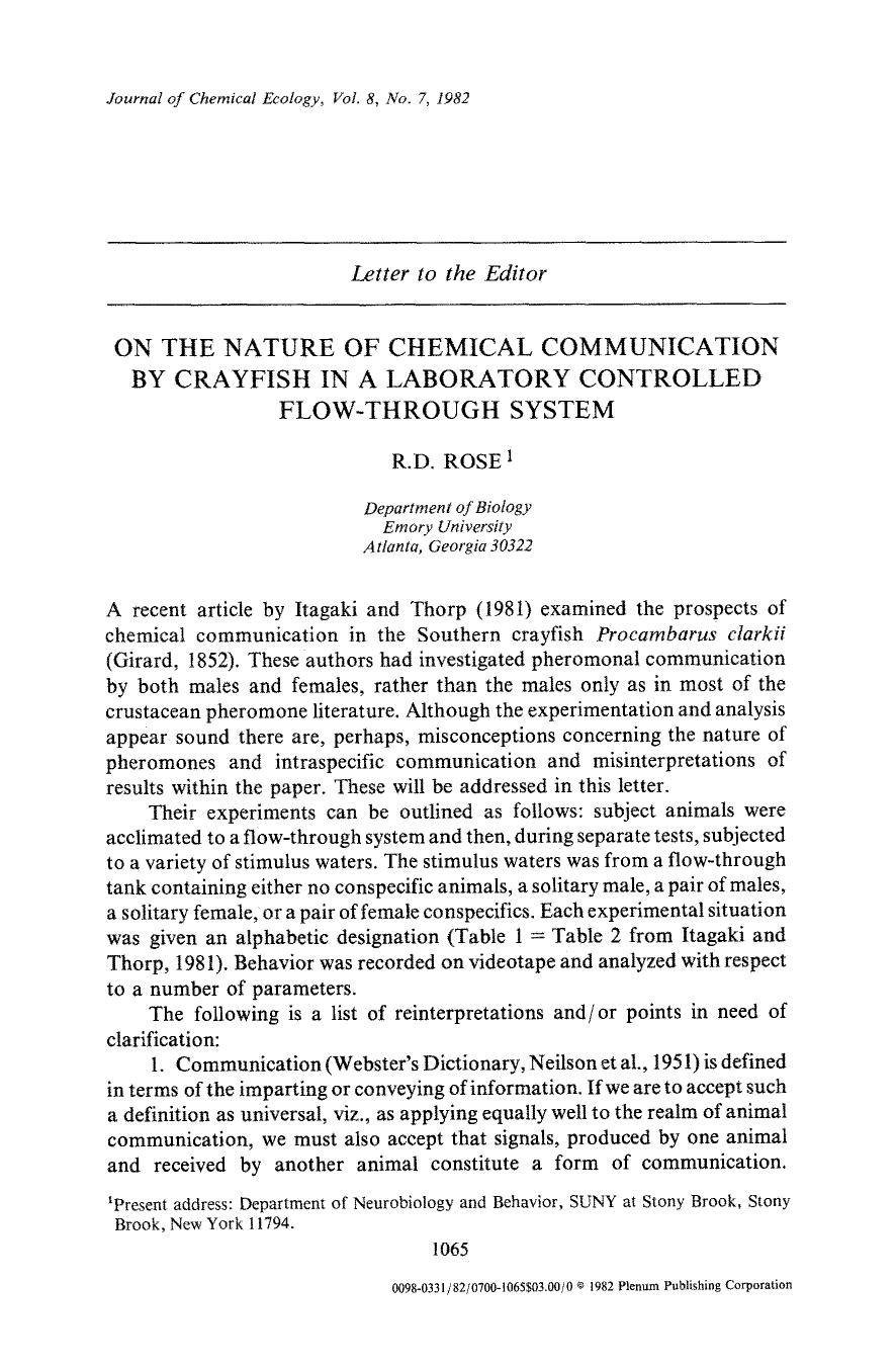 On the nature of chemical communication by crayfish in a laboratory controlled flow-through system by Unknown