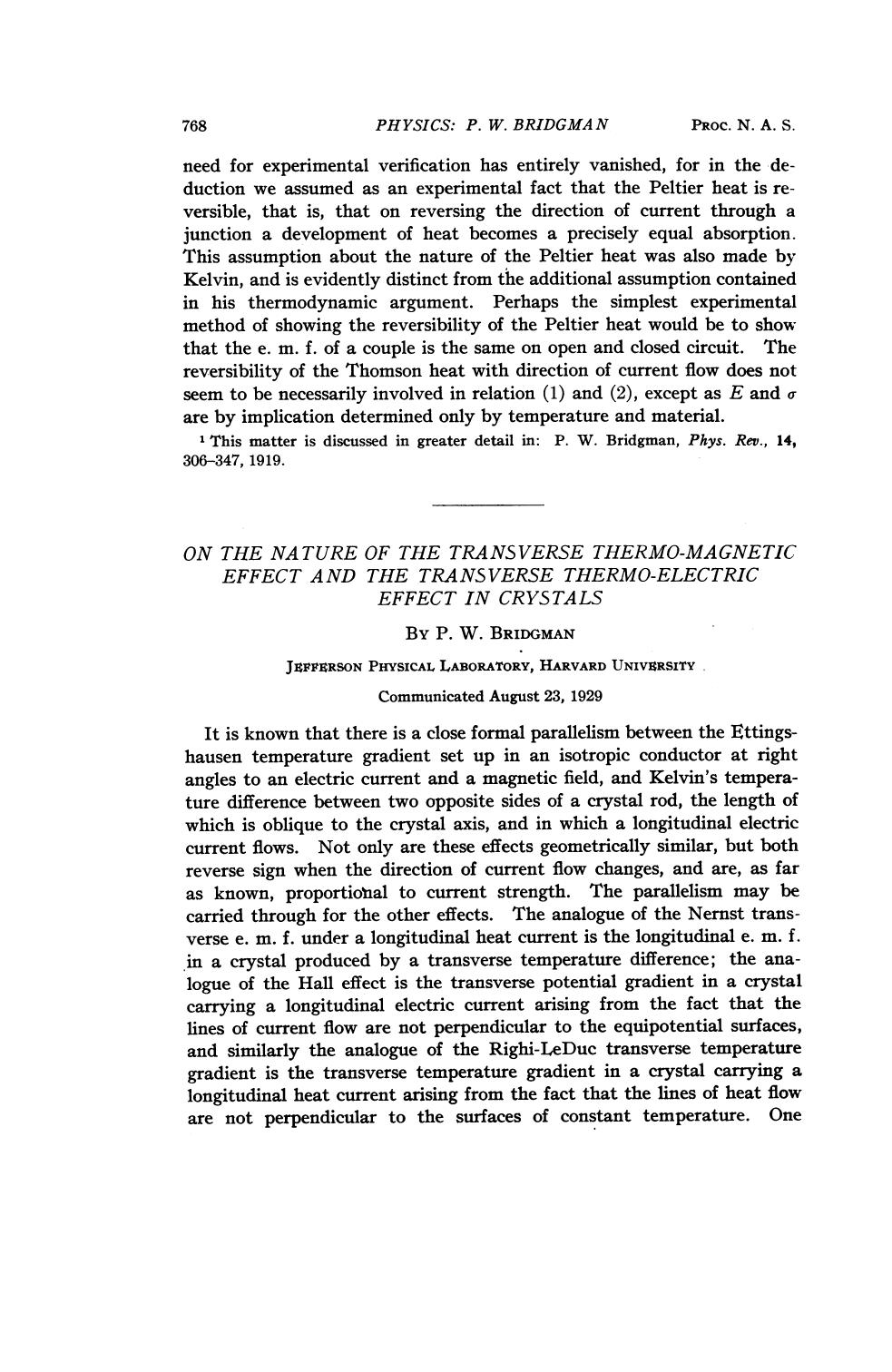 On the nature of the transverse thermo-magnetic effect and the transverse thermo-electric effect in crystals by Percy Williams Bridgman