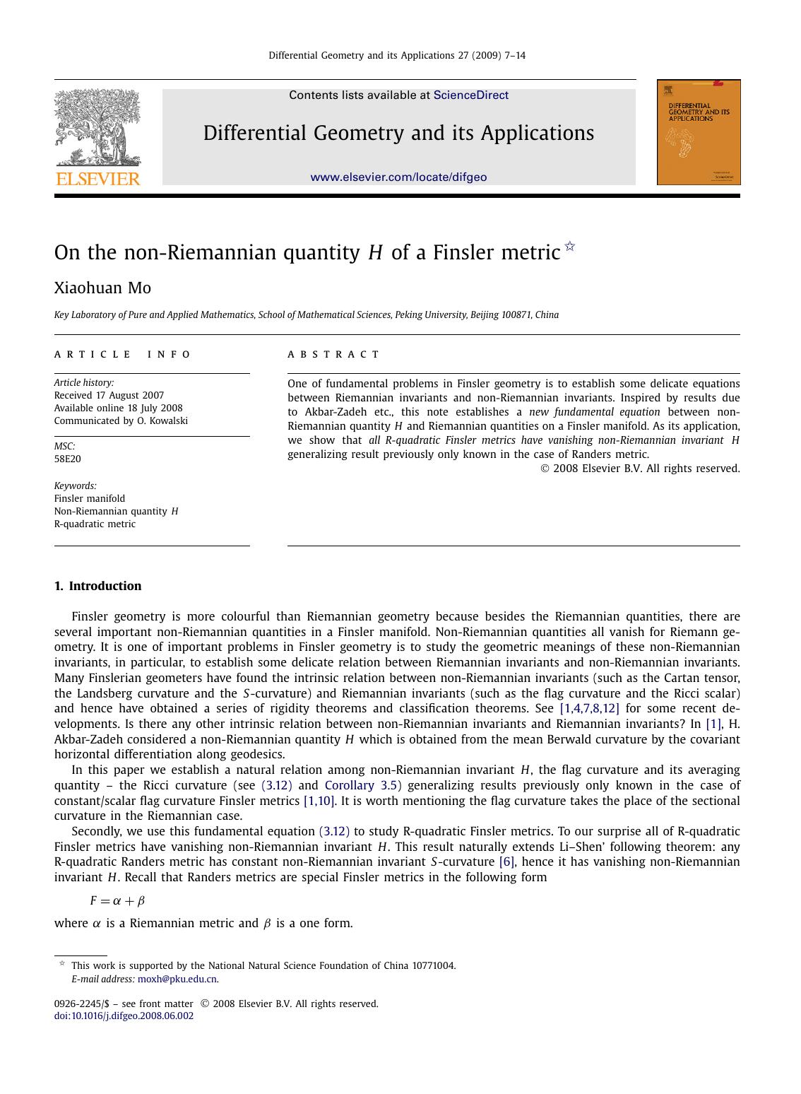 On the non-Riemannian quantity H of a Finsler metric by Xiaohuan Mo