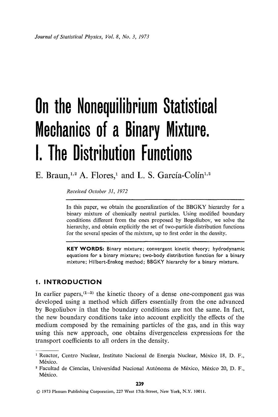 On the nonequilibrium statistical mechanics of a binary mixture. I. The distribution functions by Unknown