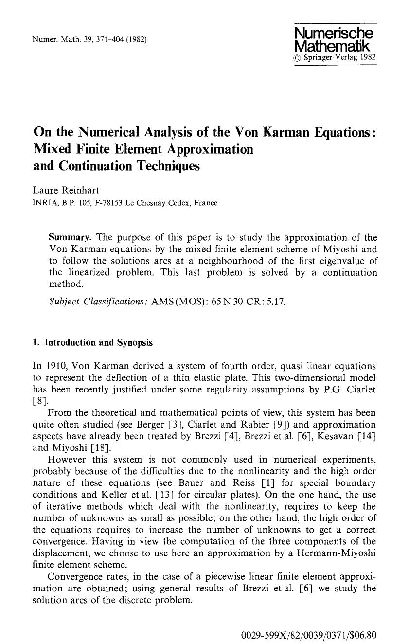 On the numerical analysis of the Von Karman equations: Mixed finite element approximation and continuation techniques by Unknown