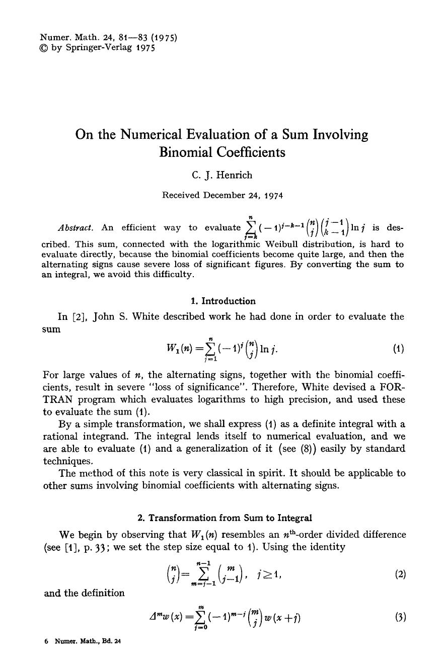 On the numerical evaluation of a sum involving binomial coefficients by Unknown
