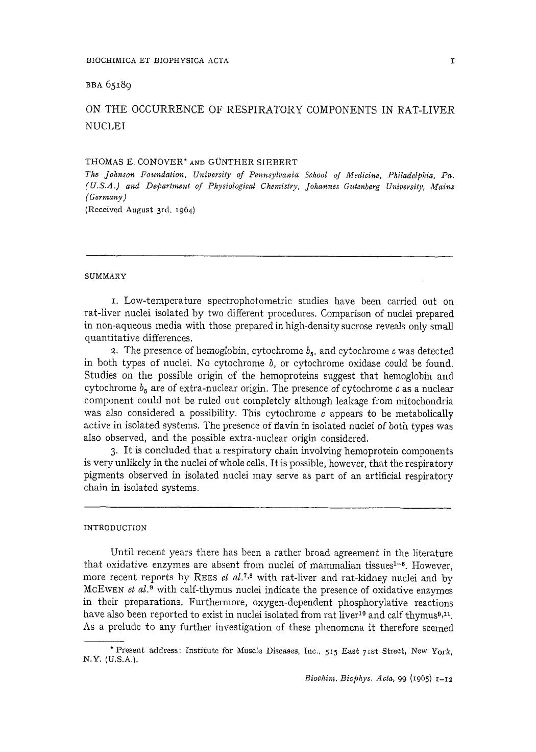 On the occurrence of respiratory components in rat-liver nuclei by Thomas E. Conover; Günther Siebert