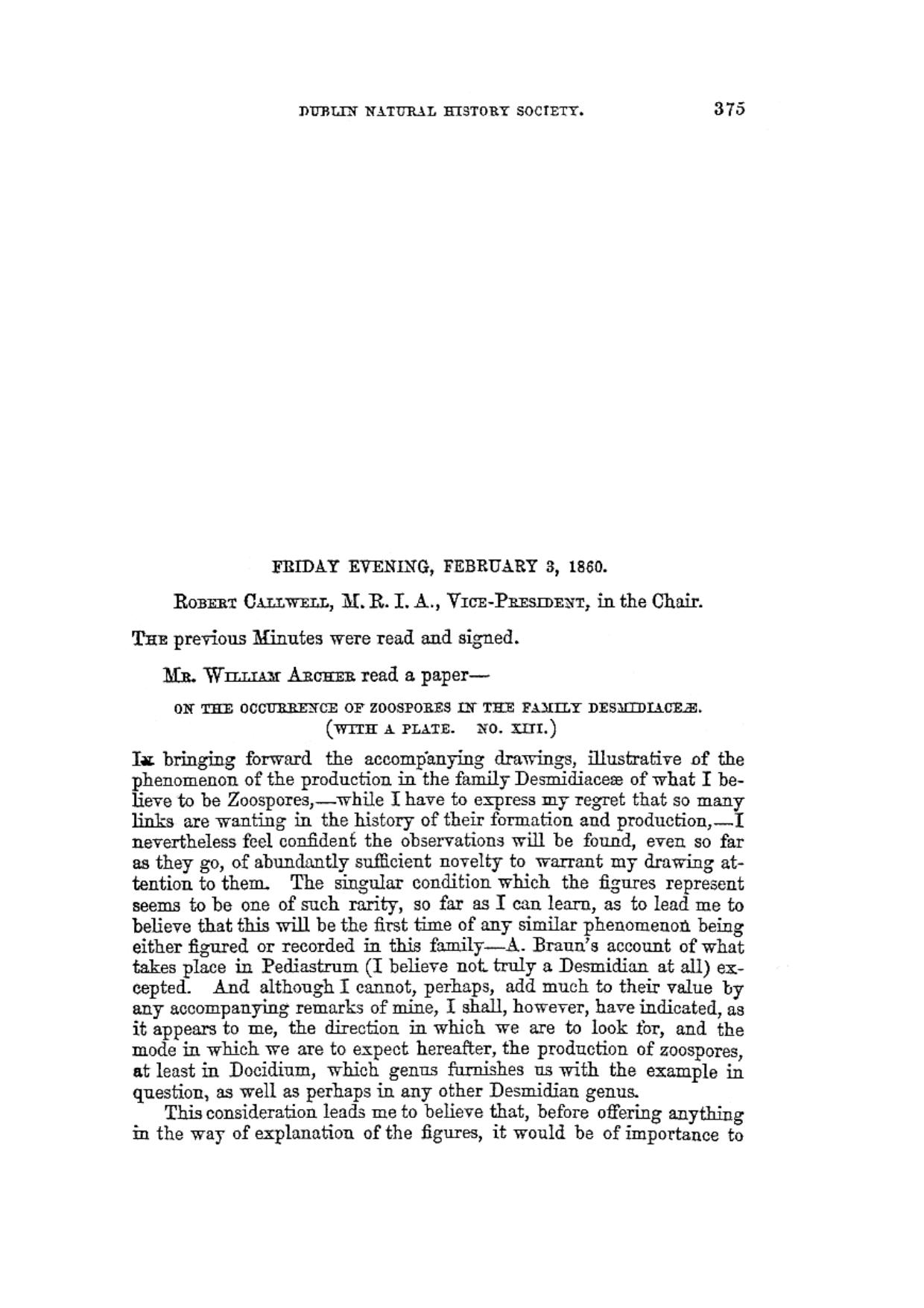 On the occurrence of zoospores in the family Desmidiaceae by Archer W