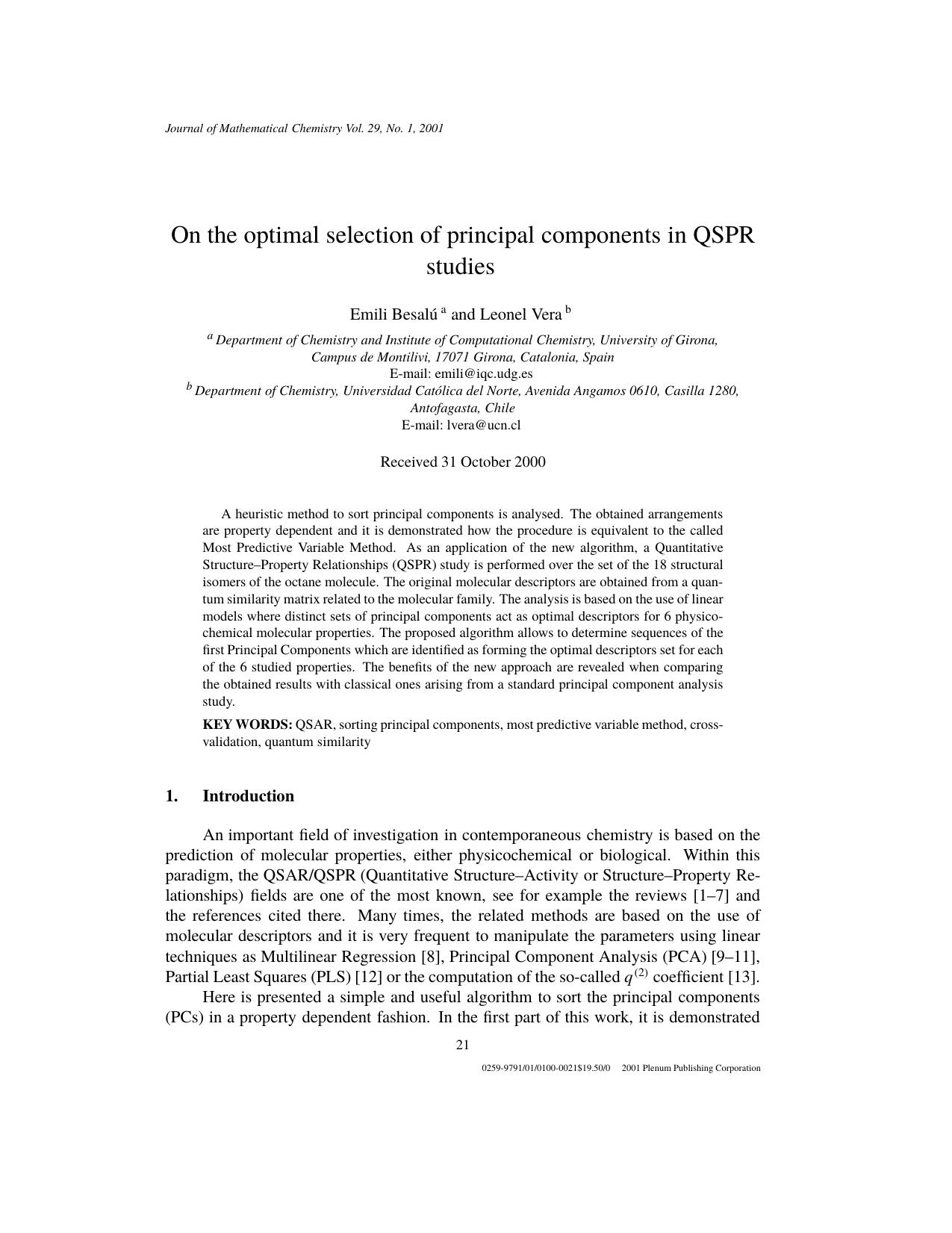 On the optimal selection of principal components in QSPR studies by Unknown