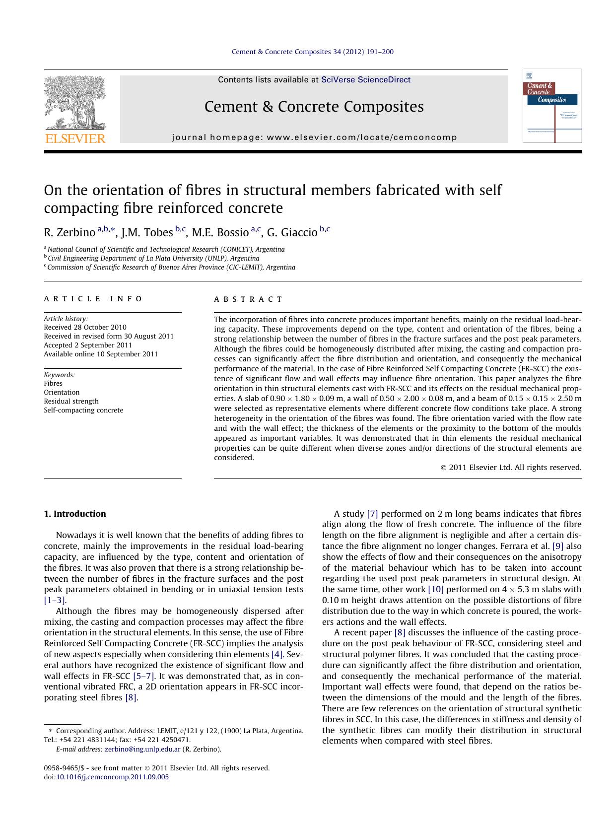 On the orientation of fibres in structural members fabricated with self compacting fibre reinforced concrete by R. Zerbino & J.M. Tobes & M.E. Bossio & G. Giaccio