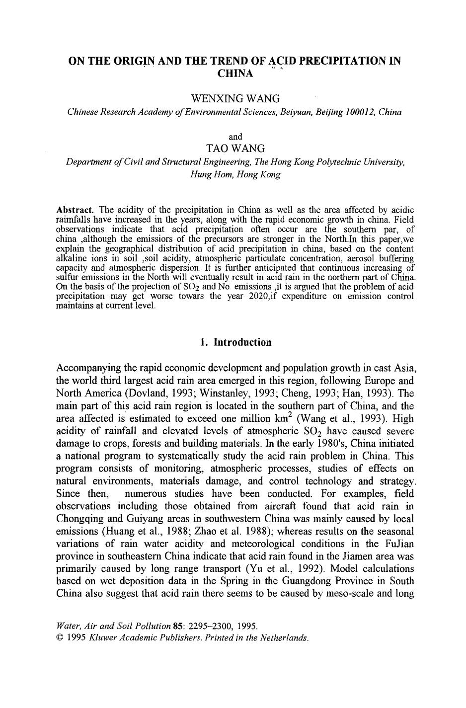 On the origin and the trend of acid precipitation in China by Unknown