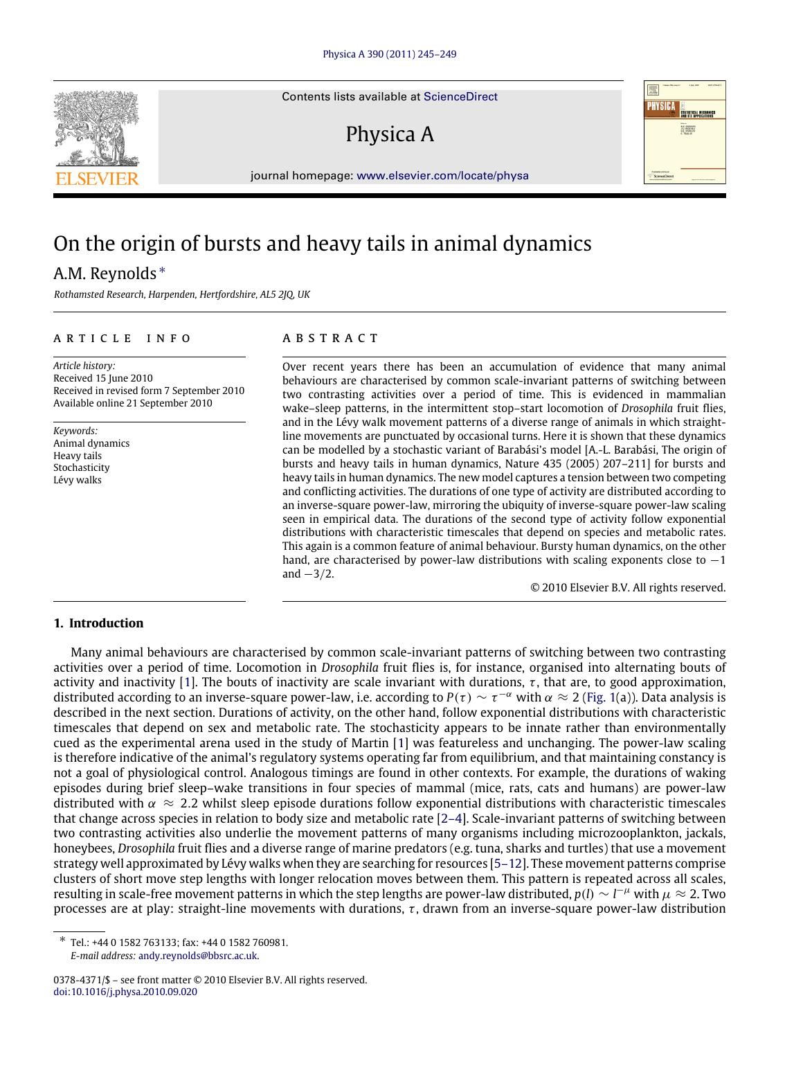 On the origin of bursts and heavy tails in animal dynamics by A.M. Reynolds