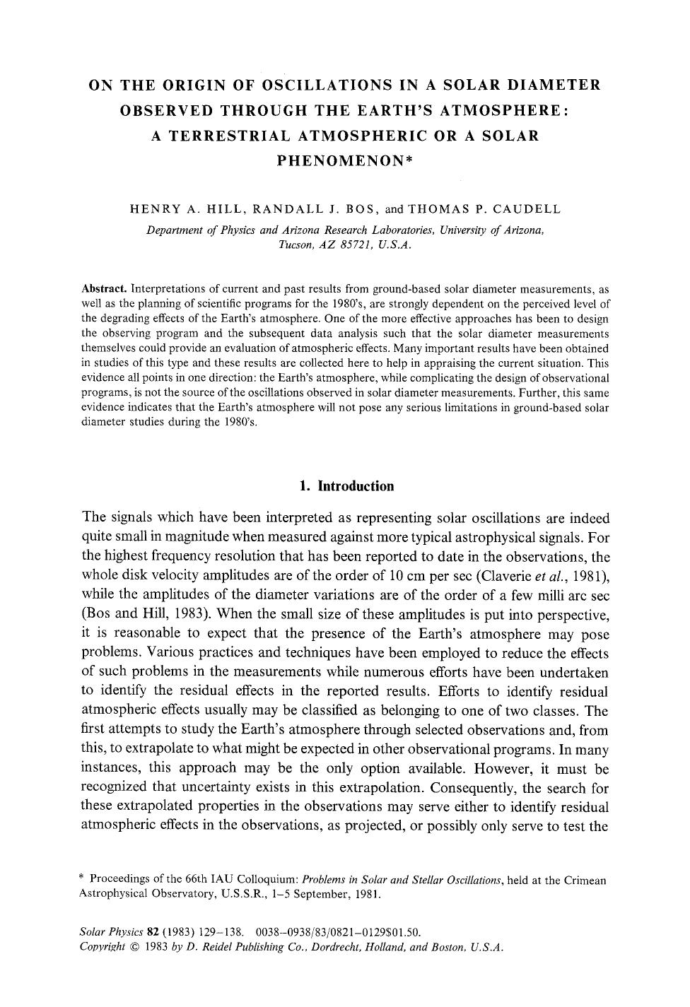 On the origin of oscillations in a solar diameter observed through the Earth's atmosphere: A terrestrial atmospheric or a solar phenomenon by Unknown