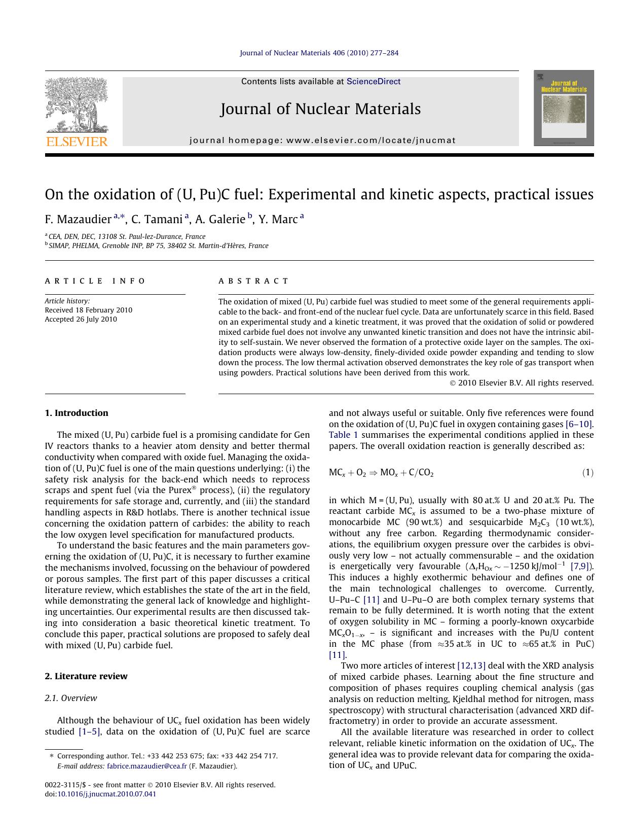 On the oxidation of (U,Pu)C fuel: Experimental and kinetic aspects, practical issues by F. Mazaudier & C. Tamani & A. Galerie & Y. Marc