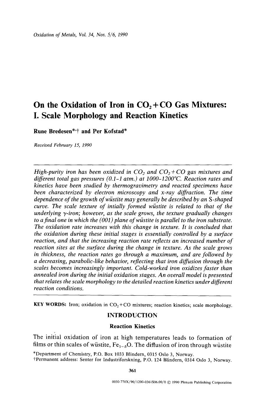 On the oxidation of iron in CO <Subscript>2 <Subscript>+CO gas mixtures: I. Scale morphology and reaction kinetics by Unknown