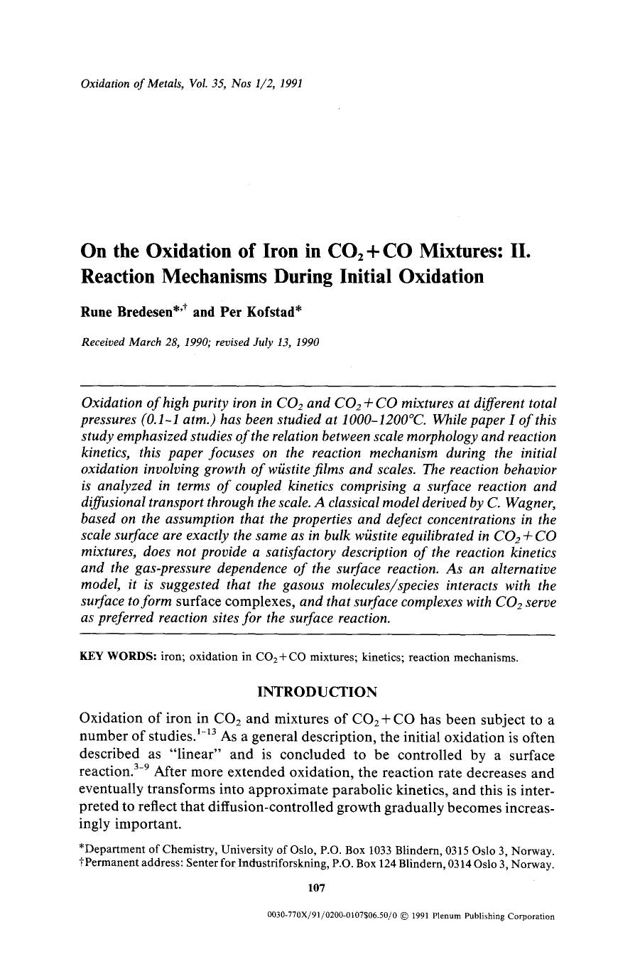 On the oxidation of iron in CO <Subscript>2 <Subscript>+CO mixtures: II. Reaction mechanisms during initial oxidation by Unknown