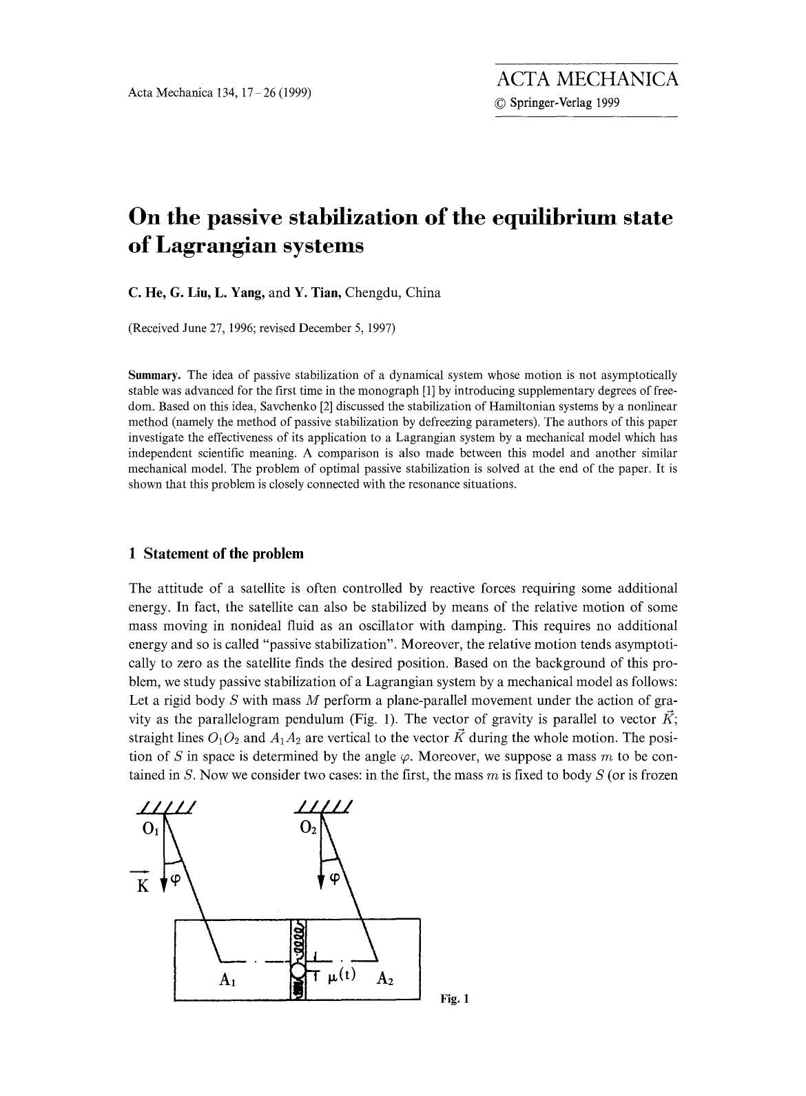 On the passive stabilization of the equilibrium state of Lagrangian systems by Unknown