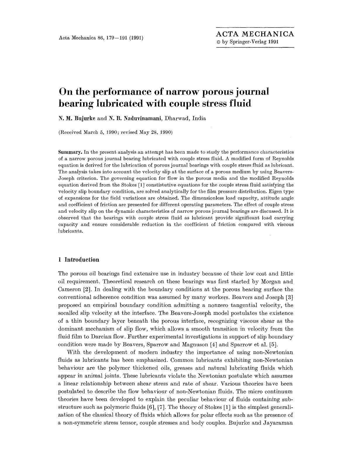 On the performance of narrow porous journal bearing lubricated with couple stress fluid by Unknown