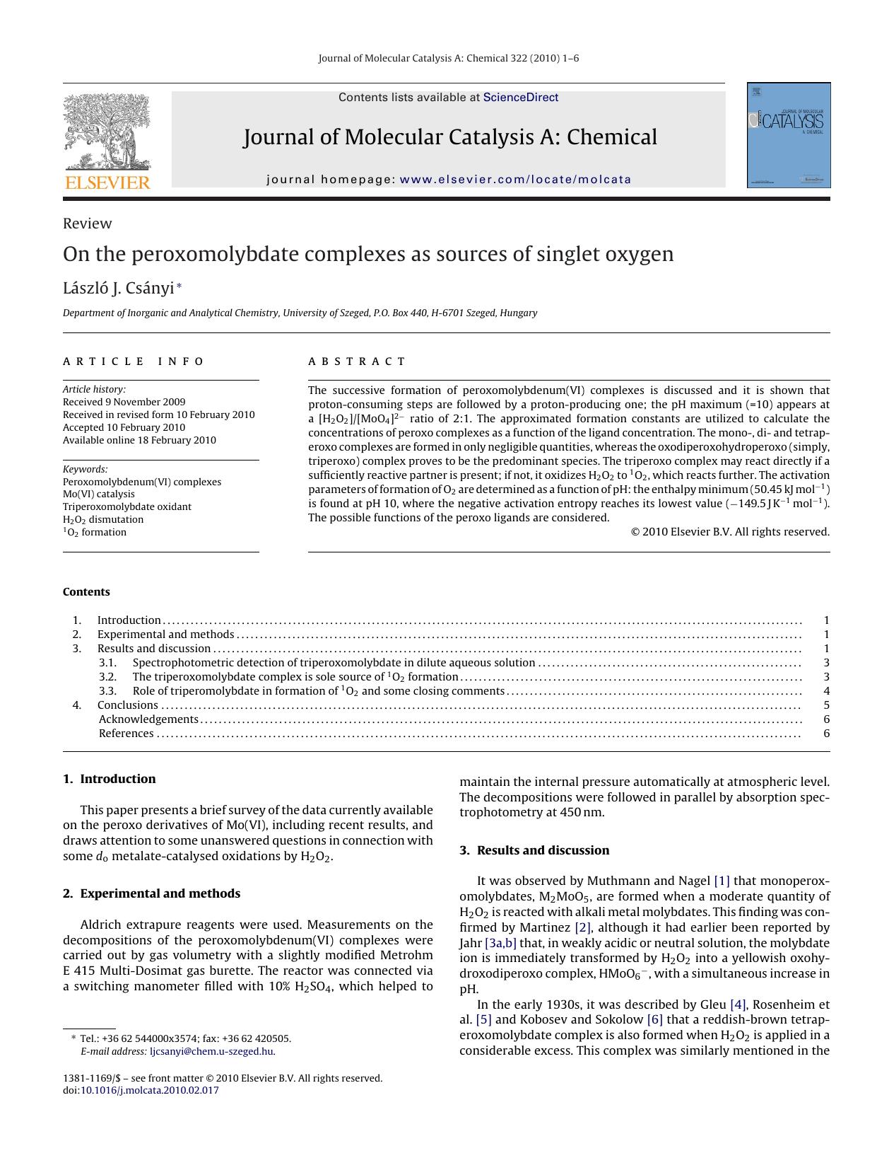 On the peroxomolybdate complexes as sources of singlet oxygen by LÃ¡szlÃ³ J. CsÃ¡nyi