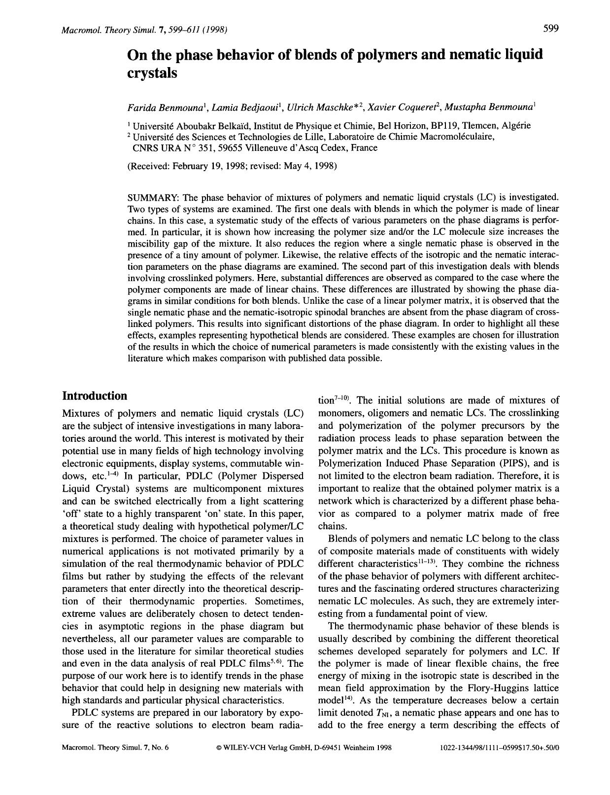 On the phase behavior of blends of polymers and nematic liquid crystals by Unknown
