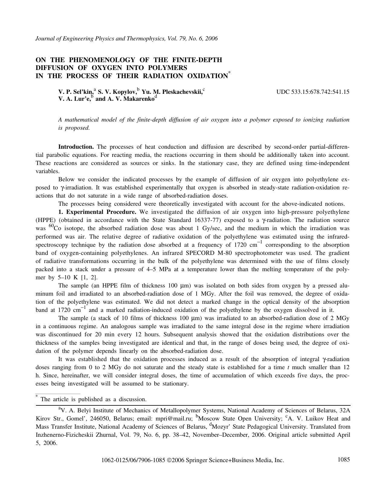 On the phenomenology of the finite-depth diffusion of oxygen into polymers in the process of their radiation oxidation by Unknown