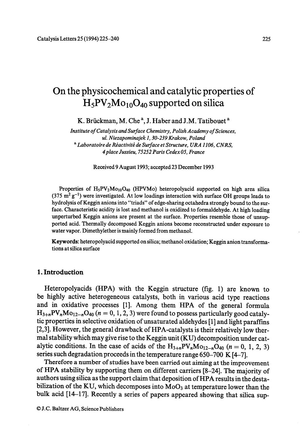 On the physicochemical and catalytic properties of H <Subscript>5 <Subscript>PV <Subscript>2 <Subscript>Mo <Subscript>10 <Subscript>O <Subscript>40 <Subscript> supported on silica by Unknown