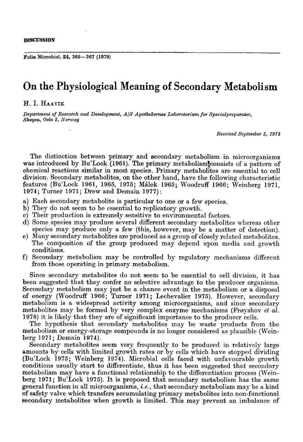 On the physiological meaning of secondary metabolism by Unknown