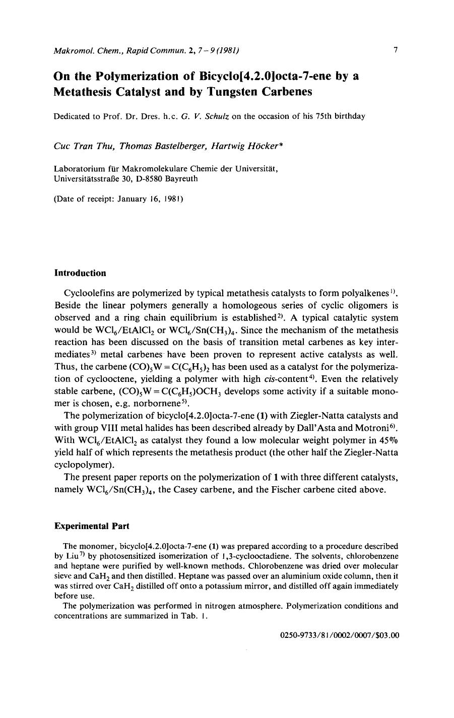 On the polymerization of bicyclo[4.2.0]octa-7-ene by a metathesis catalyst and by tungsten carbenes by Unknown