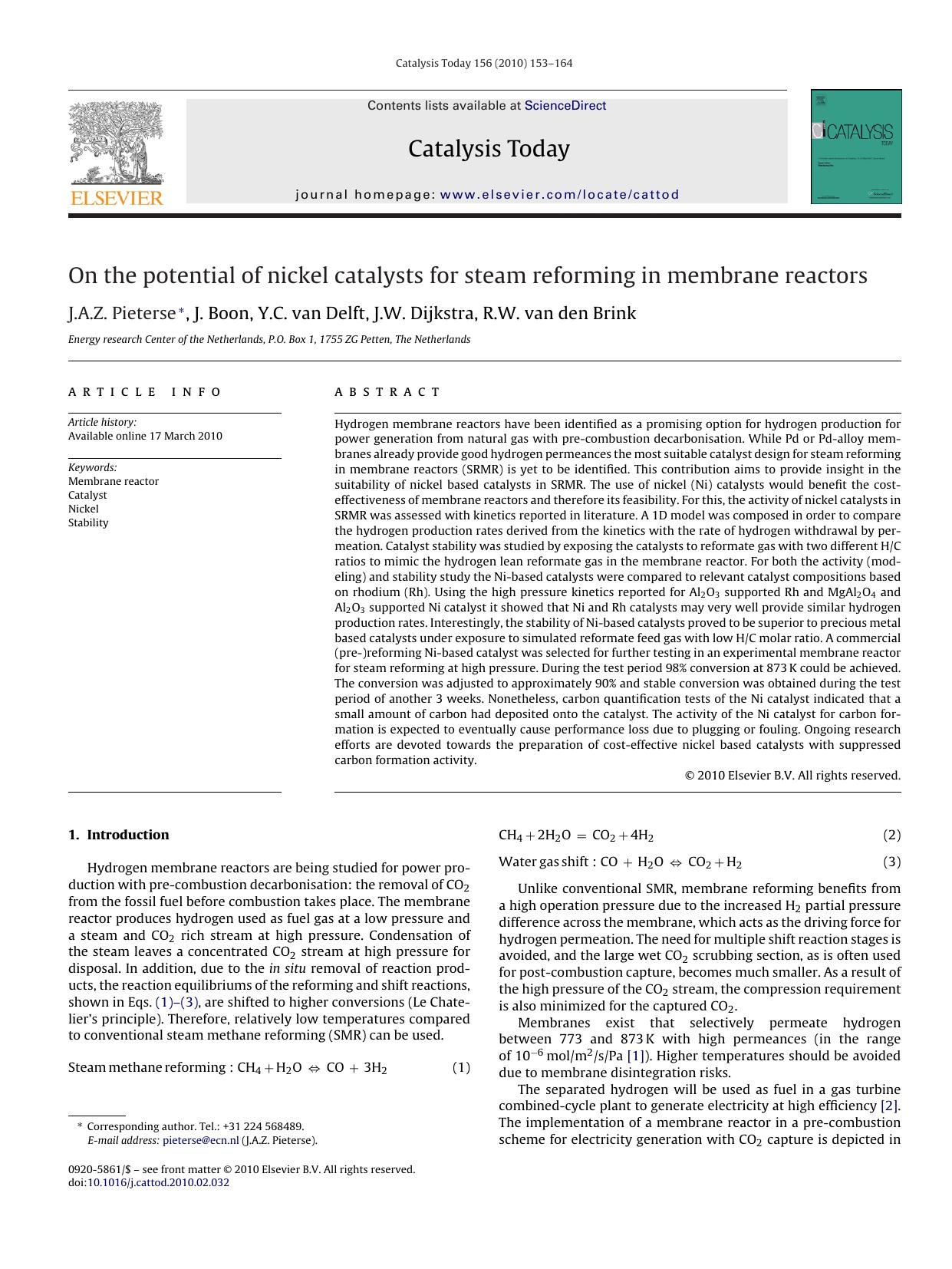 On the potential of nickel catalysts for steam reforming in membrane reactors by J.A.Z. Pieterse