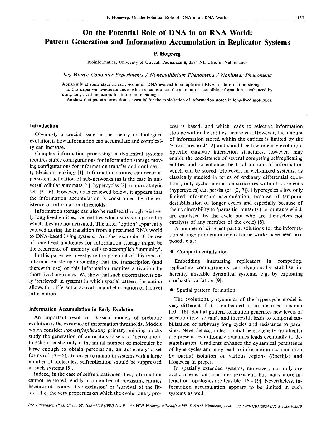On the potential role of DNA in an RNA world: Pattern generation and information accumulation in replicator systems by Unknown