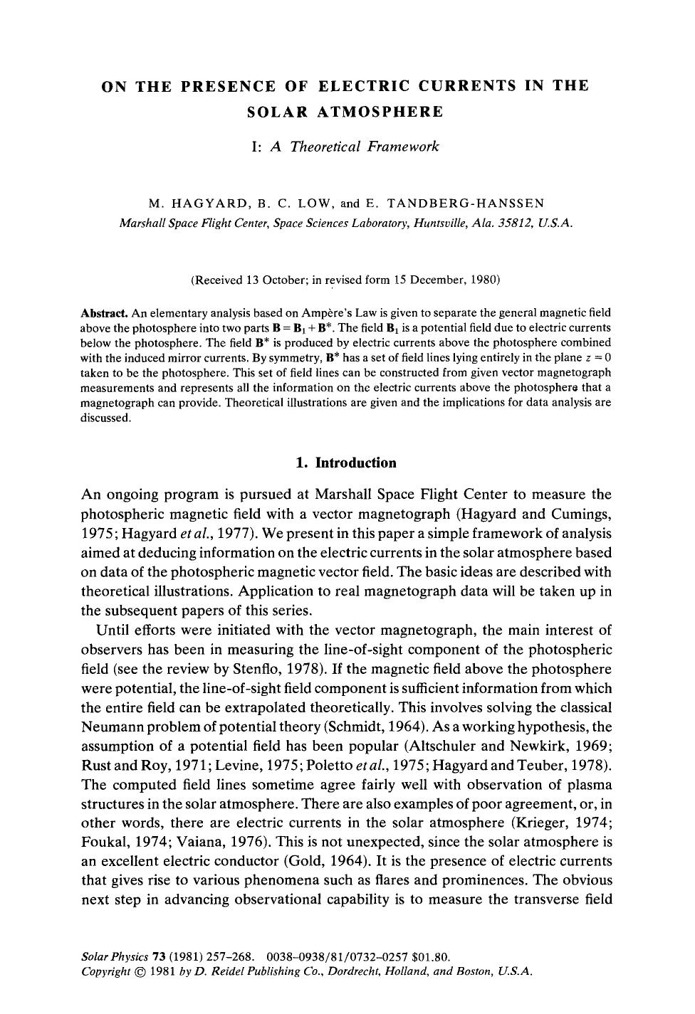 On the presence of electric currents in the solar atmosphere by Unknown