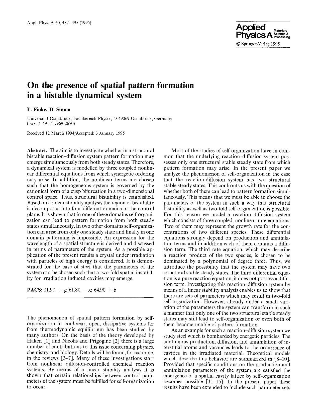 On the presence of spatial pattern formation in a bistable dynamical system by Unknown