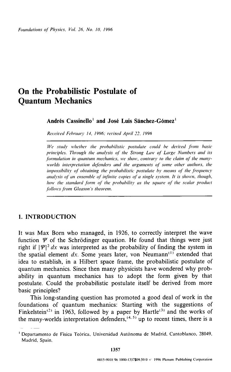 On the probabilistic postulate of quantum mechanics by Unknown