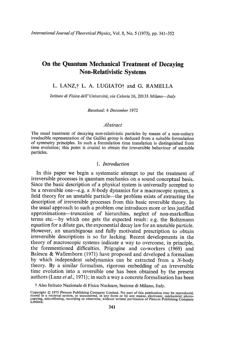 On the quantum mechanical treatment of decaying non-relativistic systems by Unknown