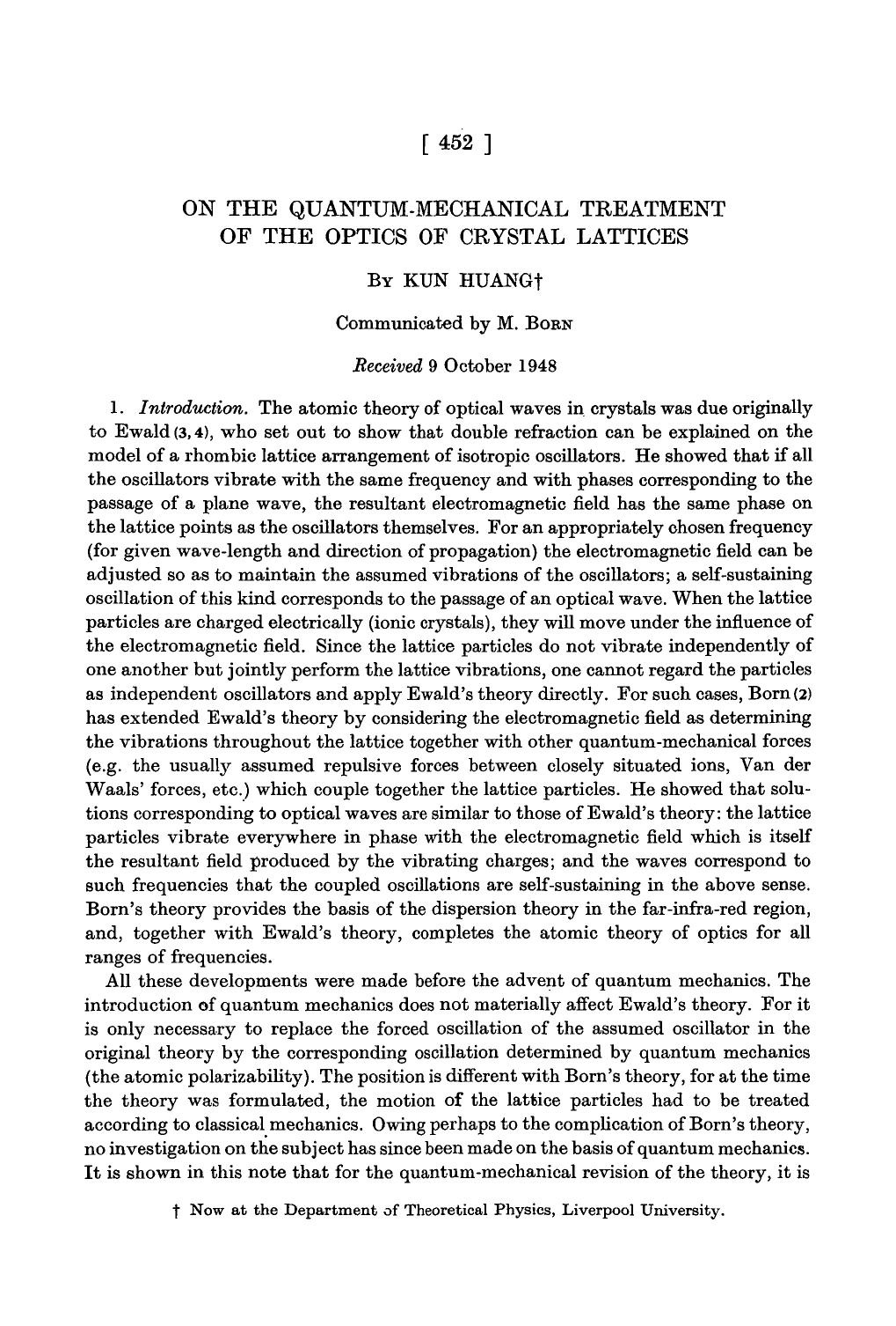 On the quantum-mechanical treatment of the optics of crystal lattices by Kun Huang