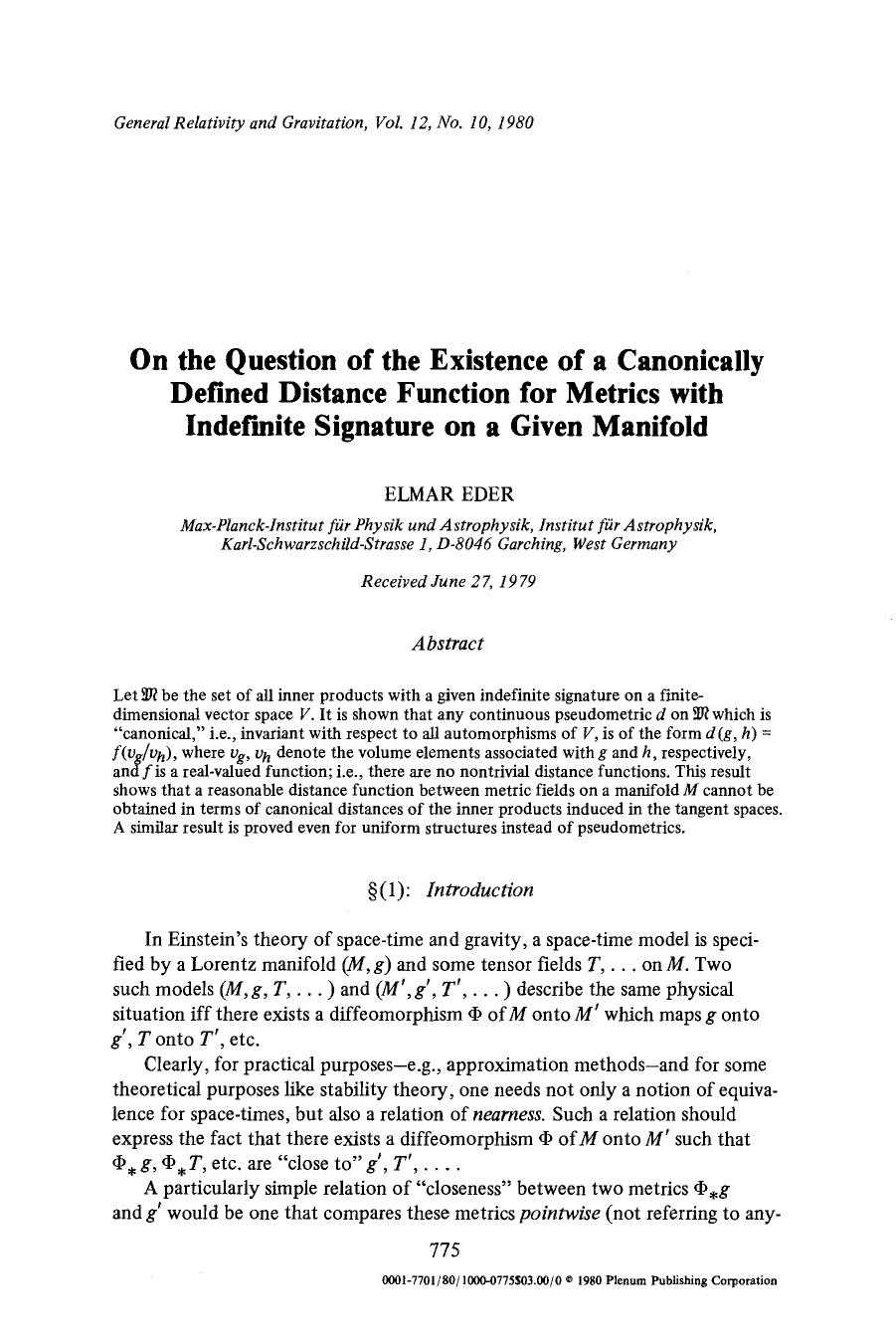 On the question of the existence of a canonically defined distance function for metrics with indefinite signature on a given manifold by Unknown