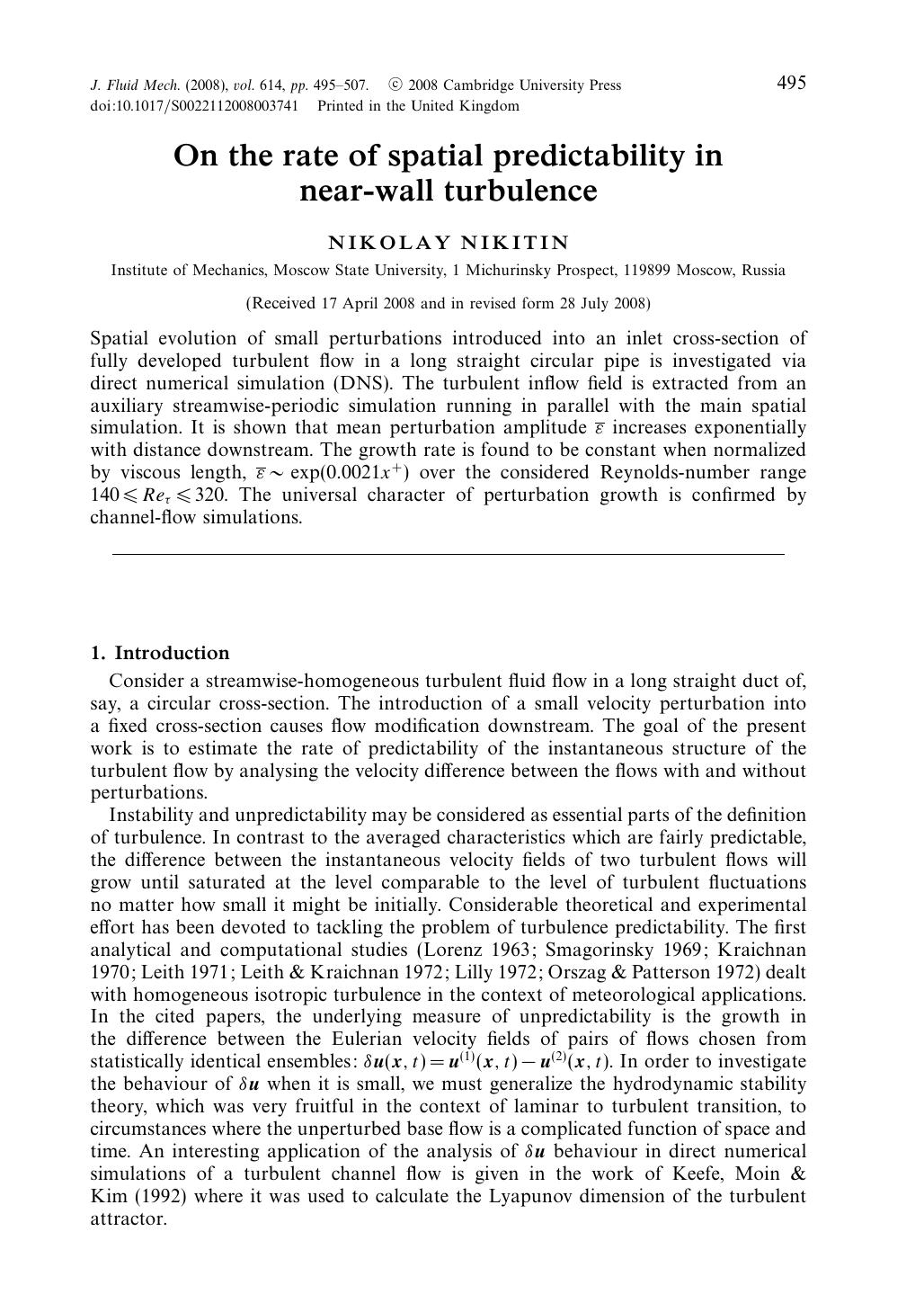 On the rate of spatial predictability in near-wall turbulence by NIKOLAY NIKITIN