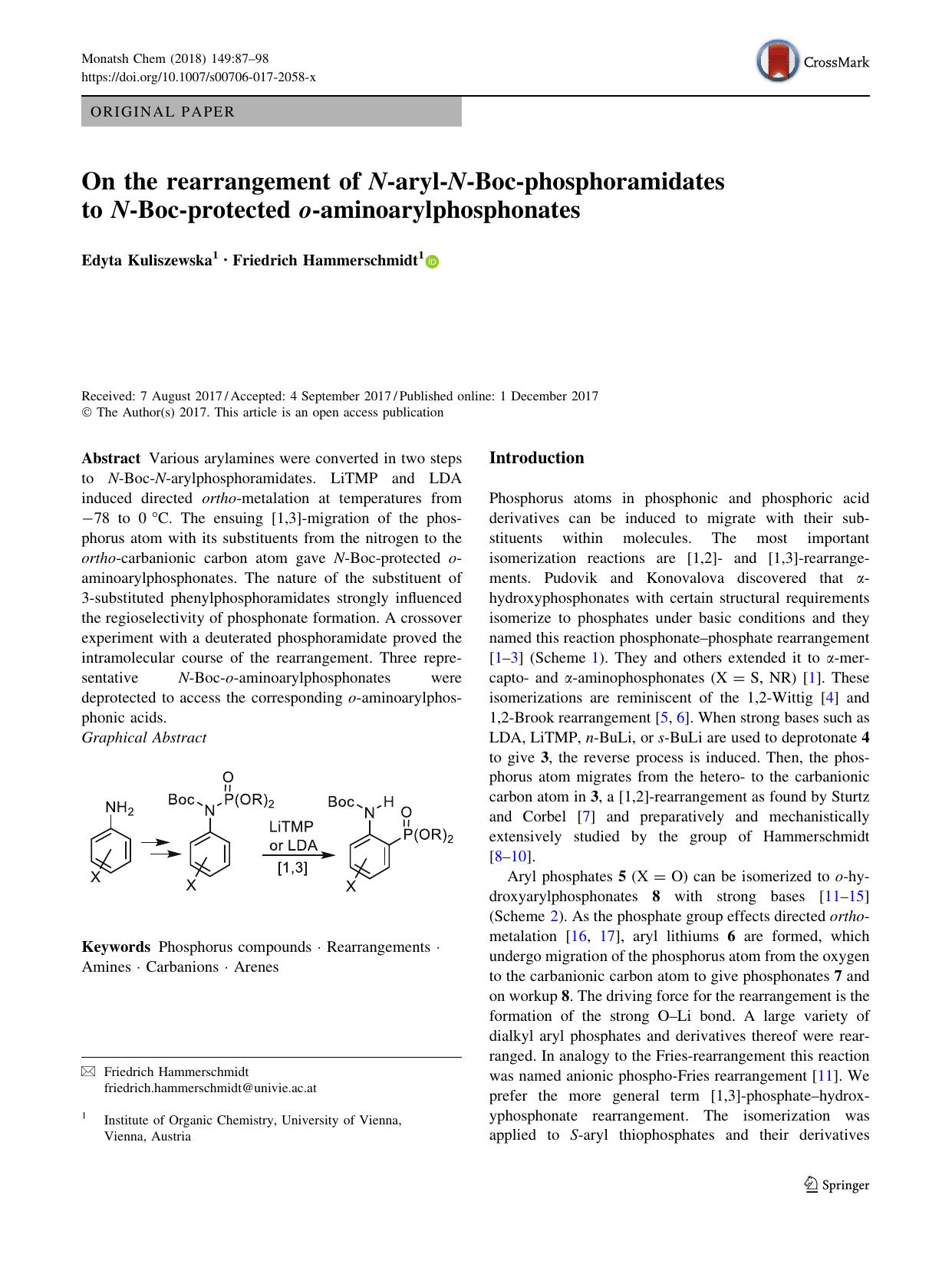 On the rearrangement of N-aryl-N-Boc-phosphoramidates to N-Boc-protected o-aminoarylphosphonates by Edyta Kuliszewska & Friedrich Hammerschmidt