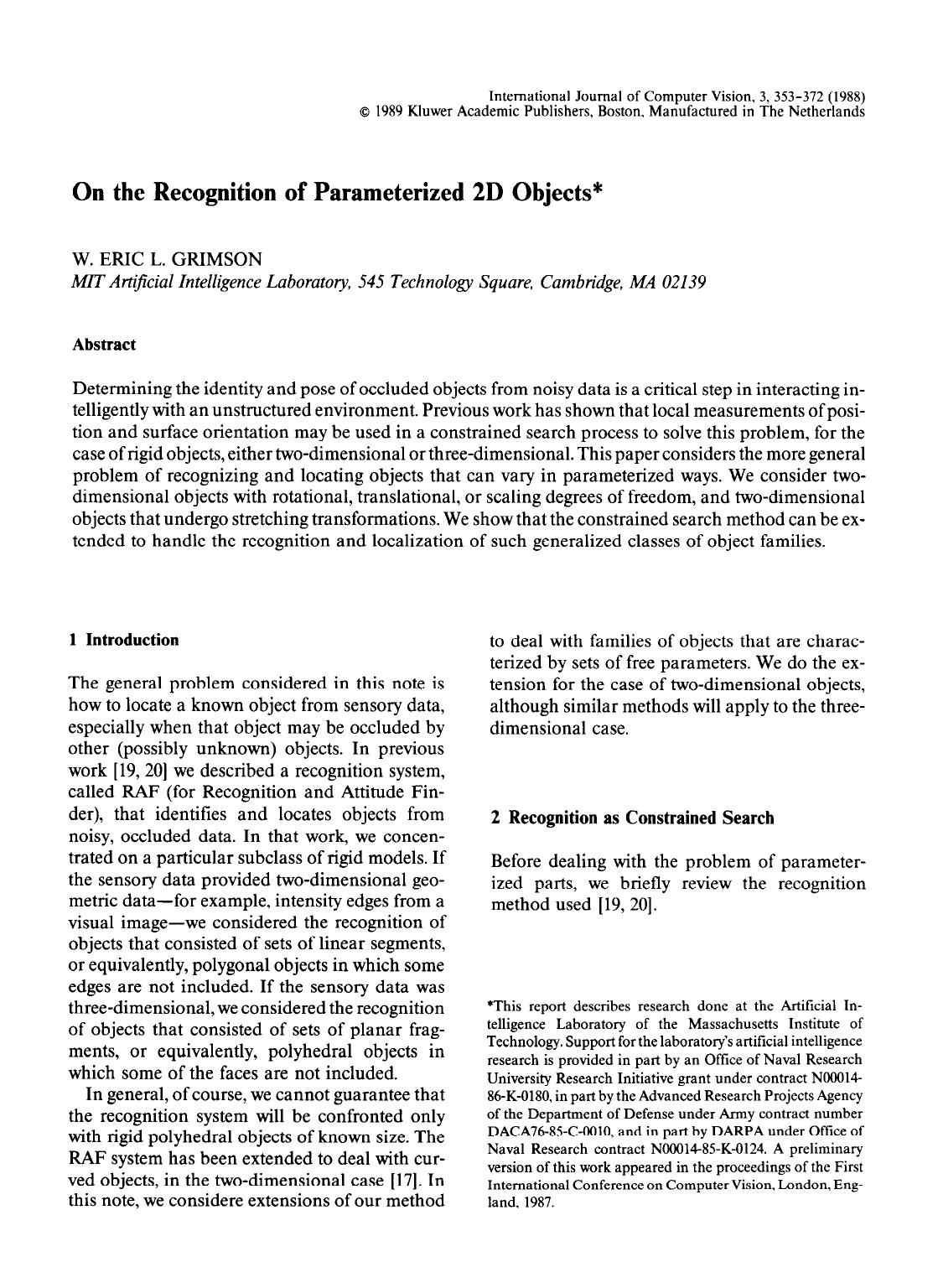 On the recognition of parameterized 2D objects by Unknown