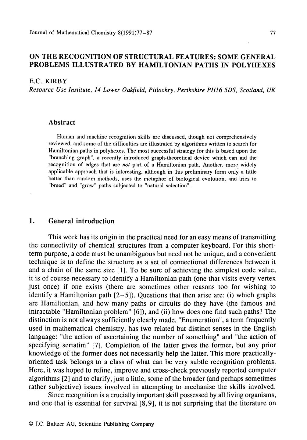 On the recognition of structural features: Some general problems illustrated by hamiltonian paths in polyhexes by Unknown