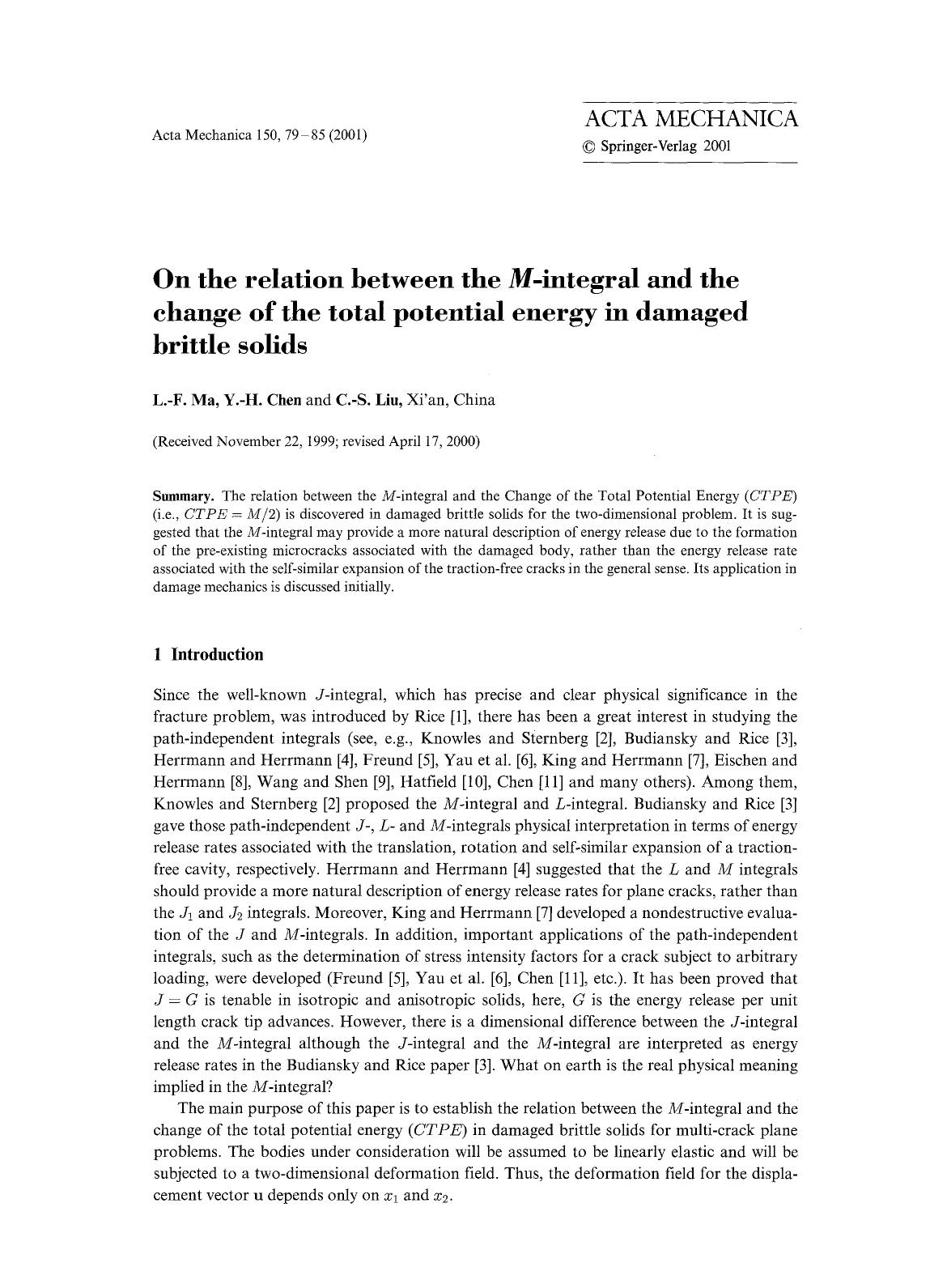 On the relation between the <Emphasis Type="Italic">M <Emphasis>-integral and the change of the total potential energy in damaged brittle solids by Unknown