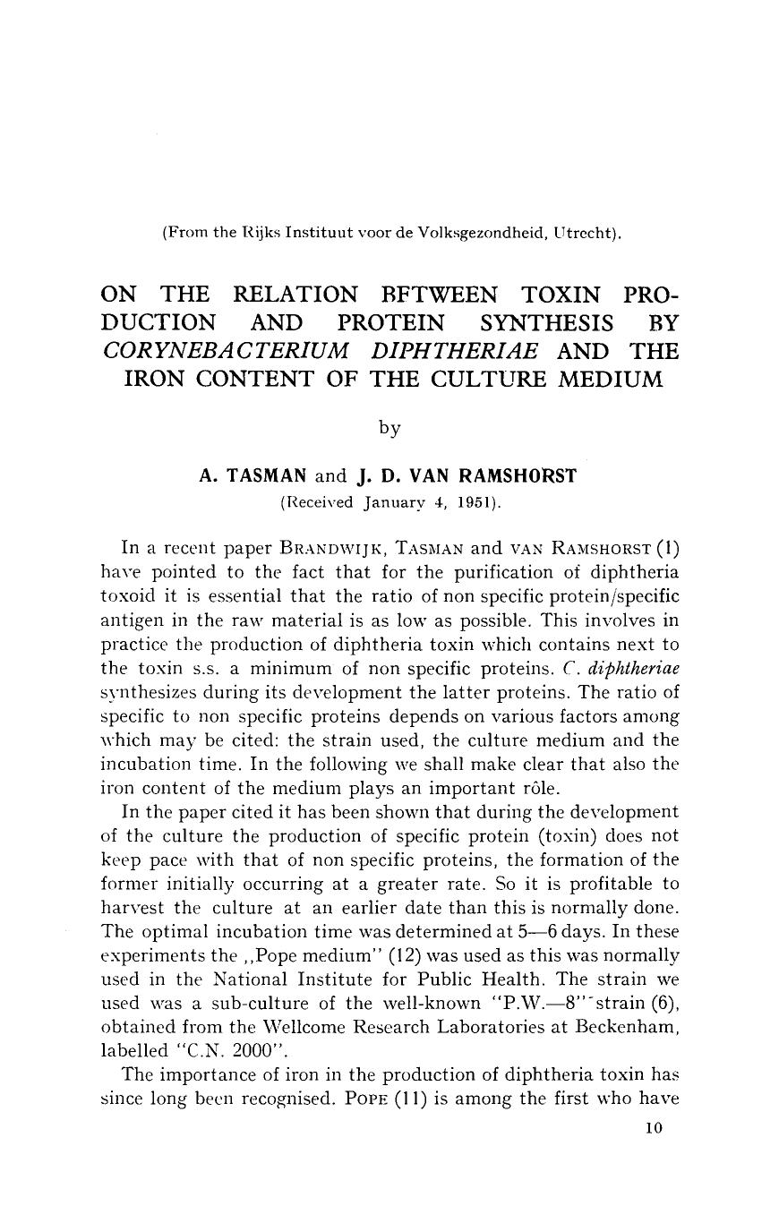 On the relation between toxin production and protein synthesis by <Emphasis Type="Italic">Corynebacterium diphtheriae <Emphasis> and the iron content of the culture medium by Unknown