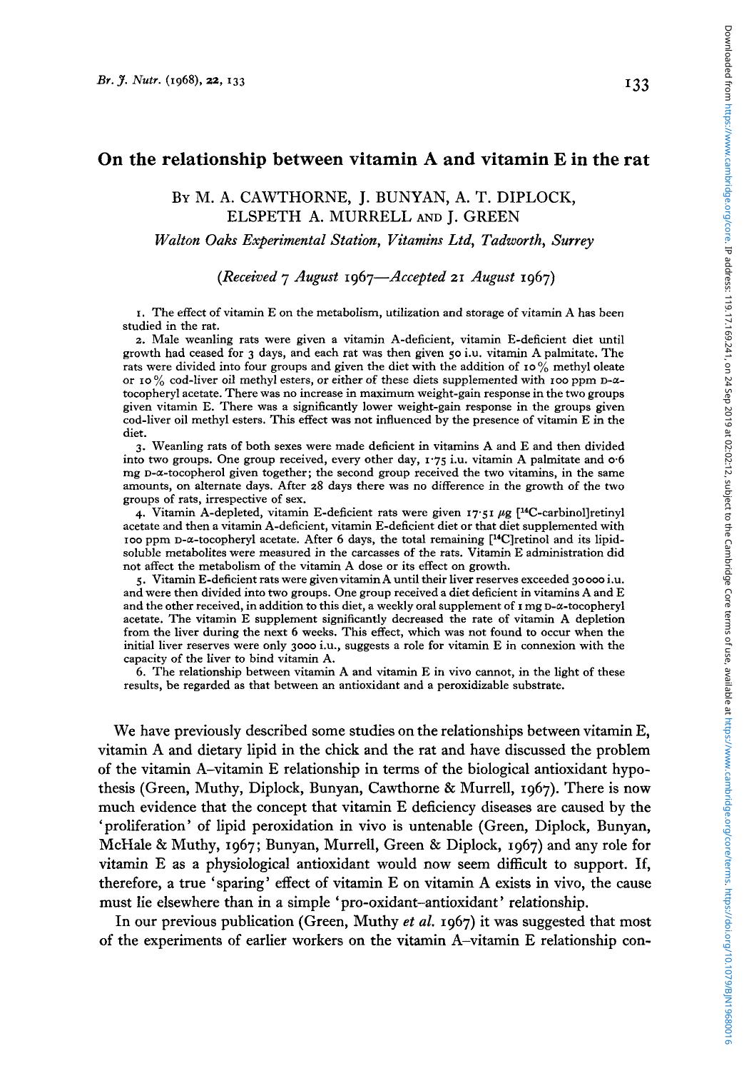 On the relationship between vitamin A and vitamin E in the rat by M. A. Cawthorne J. Bunyan A. T. Diplock Elspeth A. Murrell J. Green