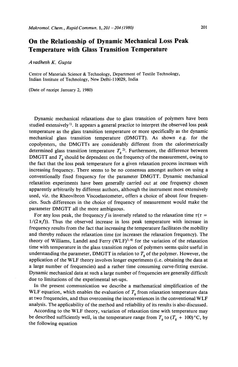 On the relationship of dynamic mechanical loss peak temperature with glass transition temperature by Unknown
