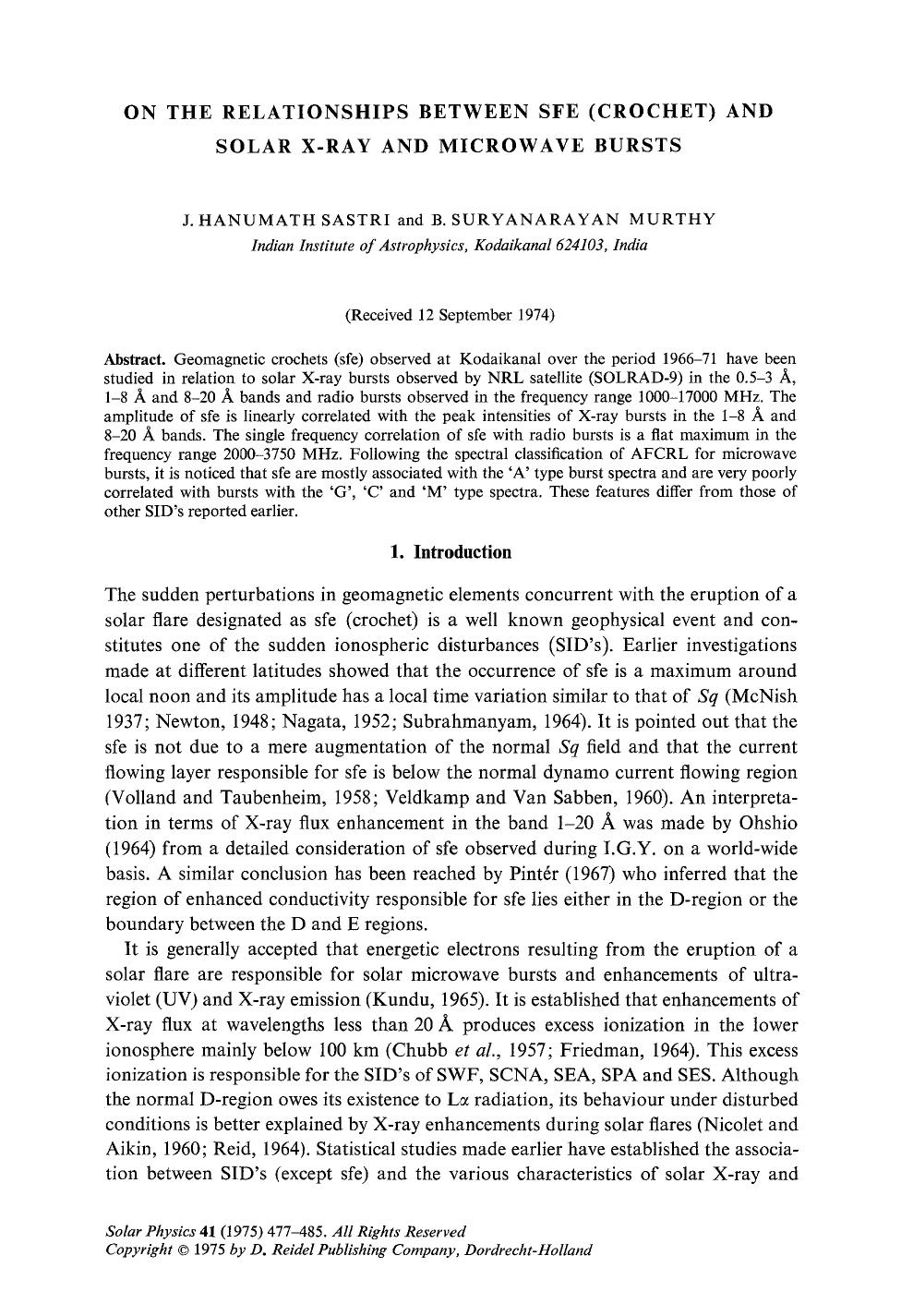 On the relationships between sfe (crochet) and solar X-ray and microwave bursts by Unknown