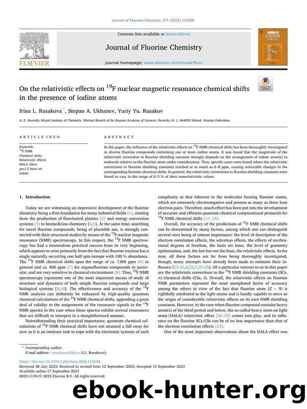 On the relativistic effects on 19F nuclear magnetic resonance chemical shifts in the presence of iodine atoms by Irina L. Rusakova & Stepan A. Ukhanev & Yuriy Yu. Rusakov